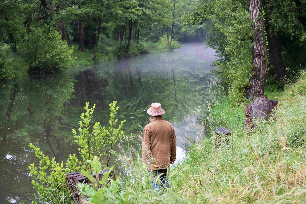 man standing in the foggy forest